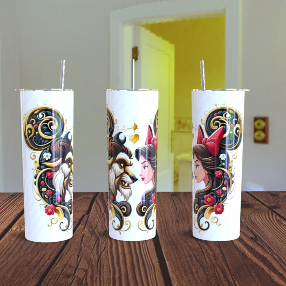 White Tumbler with Beauty and Beast Design